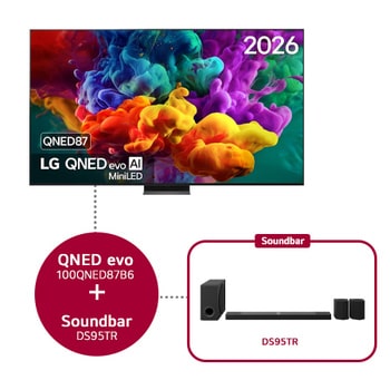 Het vooraanzicht van de LG QNED evo AI QNED87 Mini LED, uitgebracht in 2026, vult het scherm met levendige, vloeiende uitbarstingen van veelkleurige, verfachtige bewegingen, terwijl dichte wolken van kleur naadloos over het scherm versmelten.
